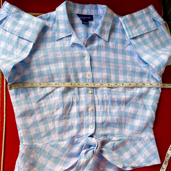 Jones New York Tops - JNY Linen Powder💨Blue Gingham Tie-Front Peplum👙Blouse